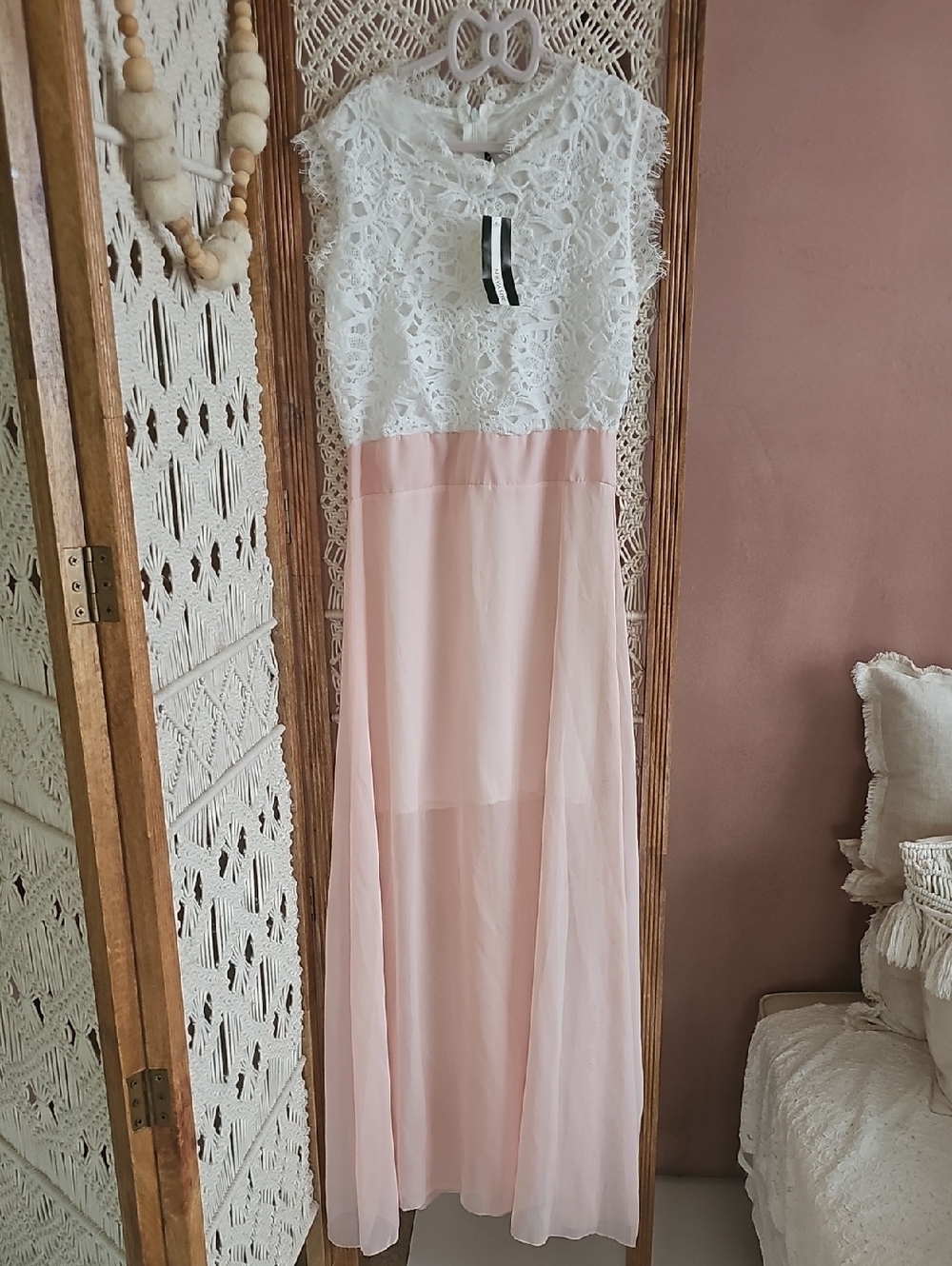 White Lace & Blush Pink Maxi Dress